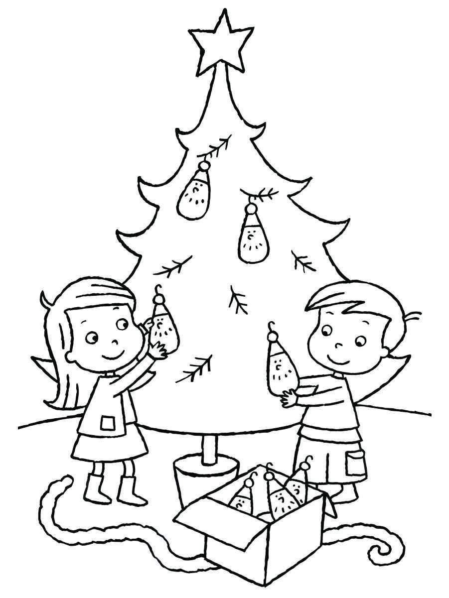 Coloring page of two children decorating a Christmas tree