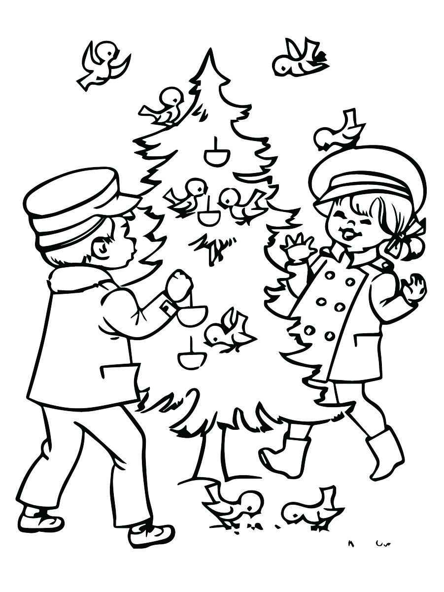 Coloring page of a Christmas tree with kids.