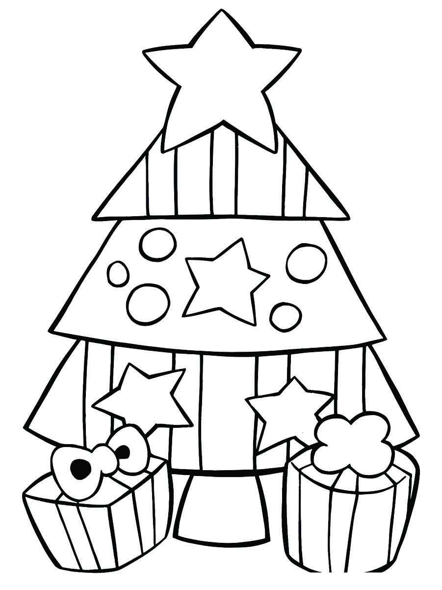 Coloring page of a Christmas tree with presents.