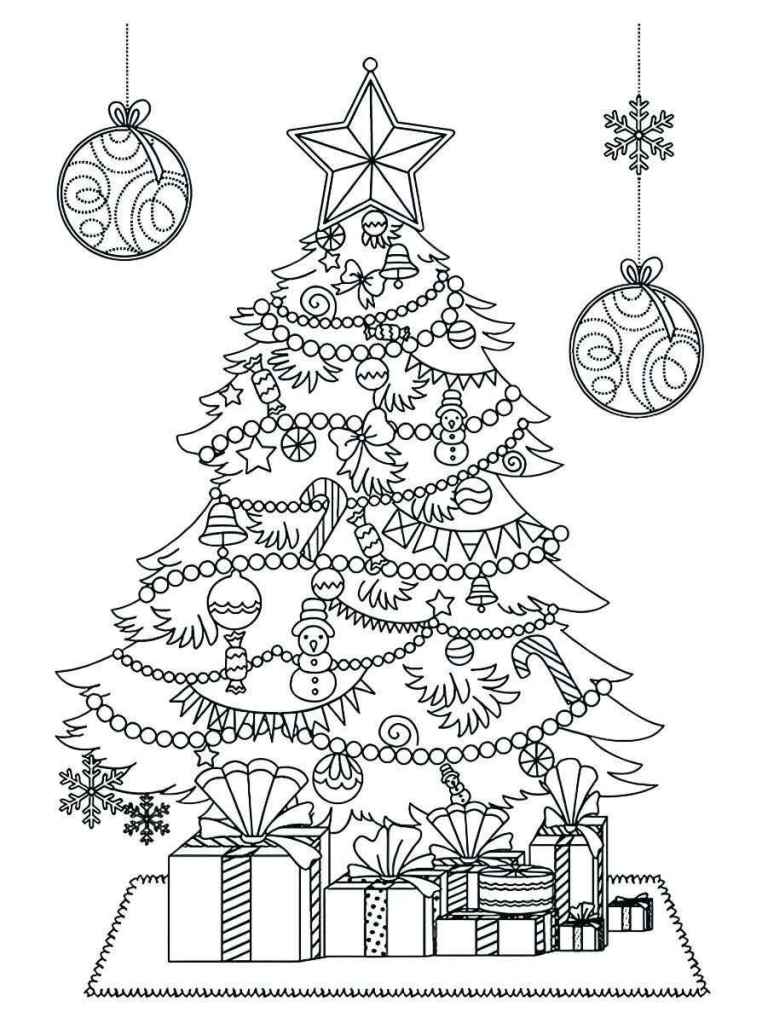 Christmas tree with a shining star on top, perfect for coloring.