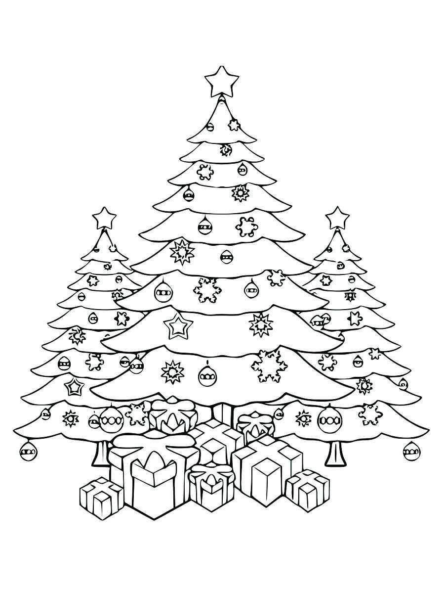 Coloring page of three Christmas trees decorated with presents