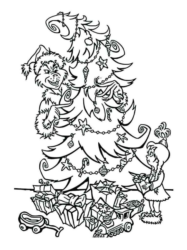 Coloring page of two characters on a Christmas tree