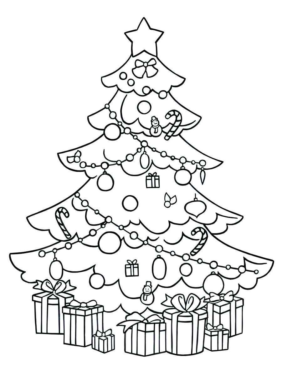 Coloring page of a Christmas tree decorated with lights, balls, and presents