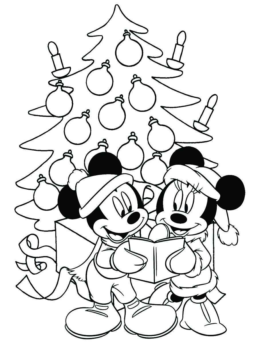 Coloring page of a Christmas tree with Minnie and Mickey Mouse.