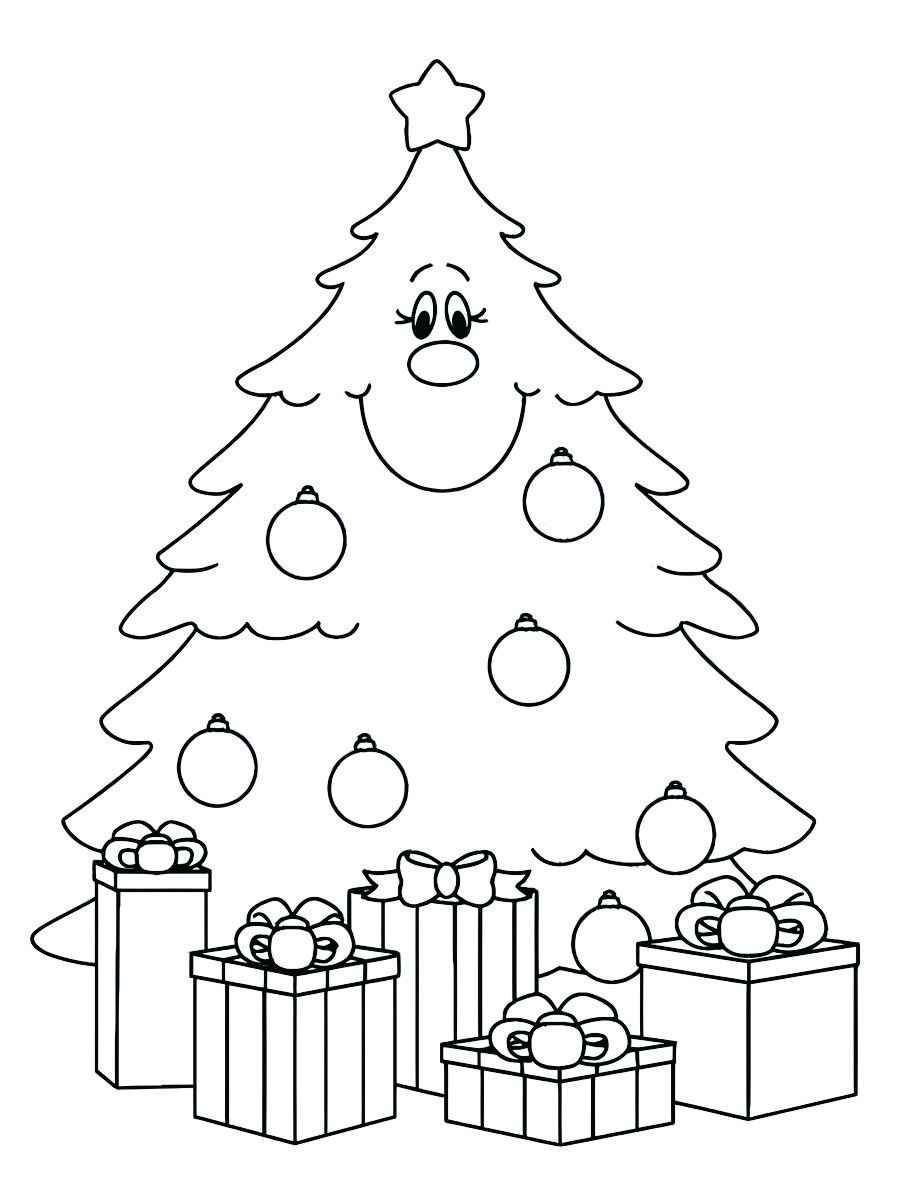 Christmas tree with large and small presents underneath, perfect for coloring.