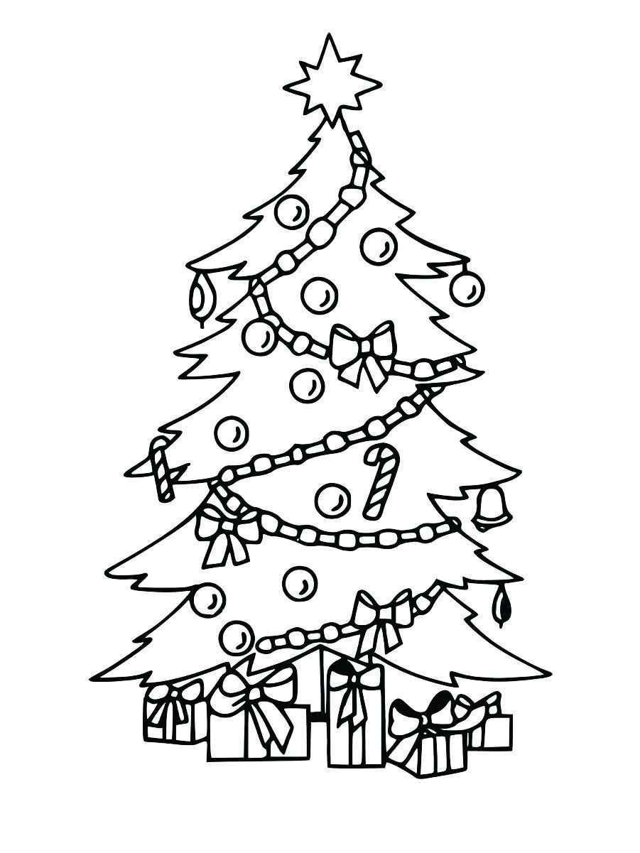 Christmas tree decorated with ornaments and presents underneath, ready for coloring.