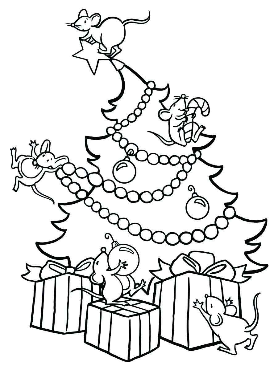 Coloring page of a Christmas tree with mice playing with the decorations