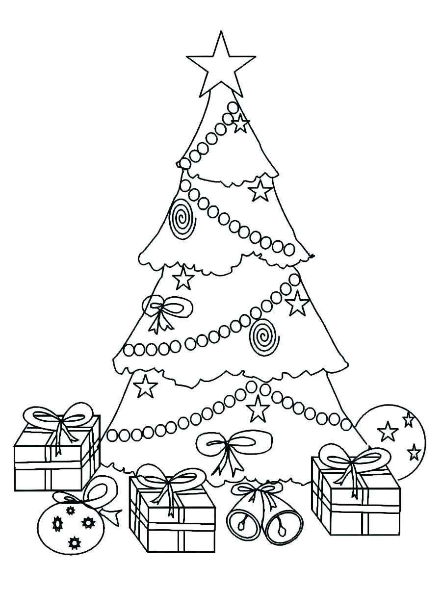 Coloring page of a Christmas tree decorated with bows, balls, stars, bells, and presents