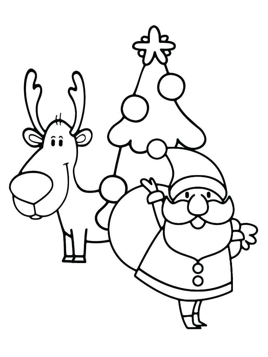 Coloring page of a Christmas tree with Santa Claus and a reindeer