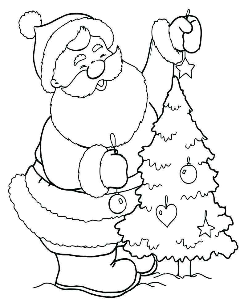 Santa Claus standing next to a Christmas tree, ready to color.