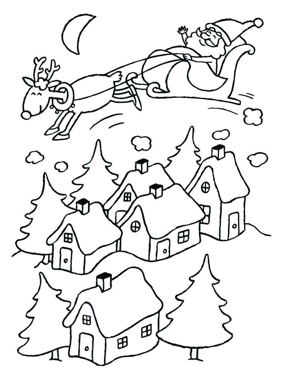 Coloring page of Santa Claus arriving by sleigh at the Christmas trees of houses