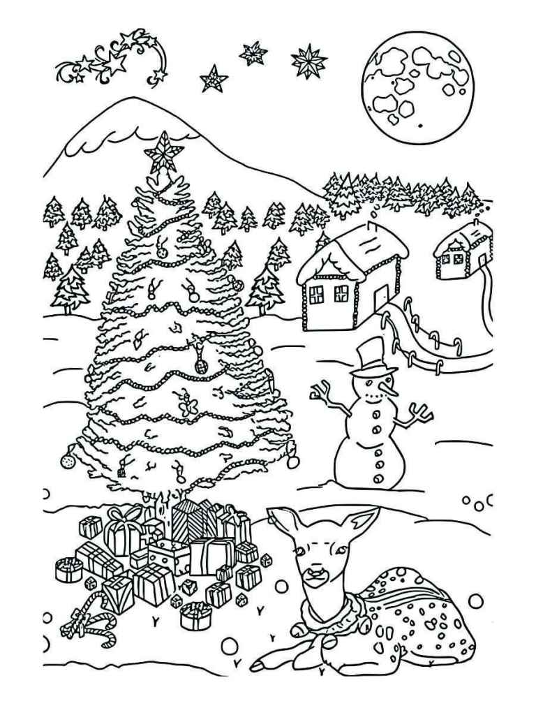 Christmas tree in a Christmas village with houses in the background, ready for coloring.