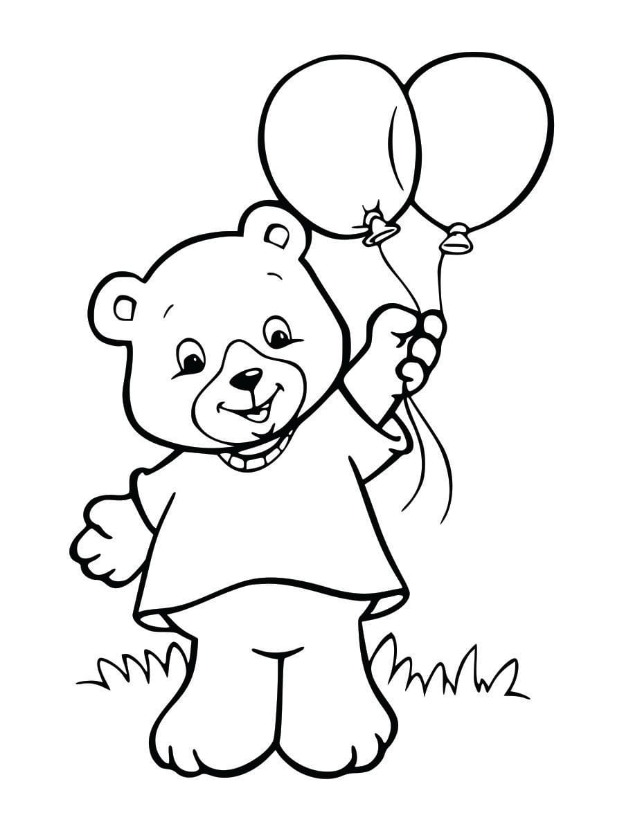 Coloring page of a bear with balloons, simple and fun for kids.