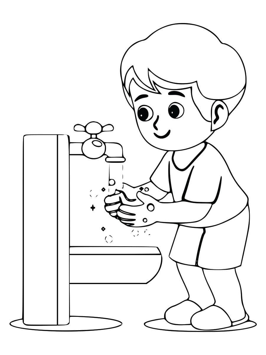 Coloring page of a boy washing hands, designed to be simple and educational.