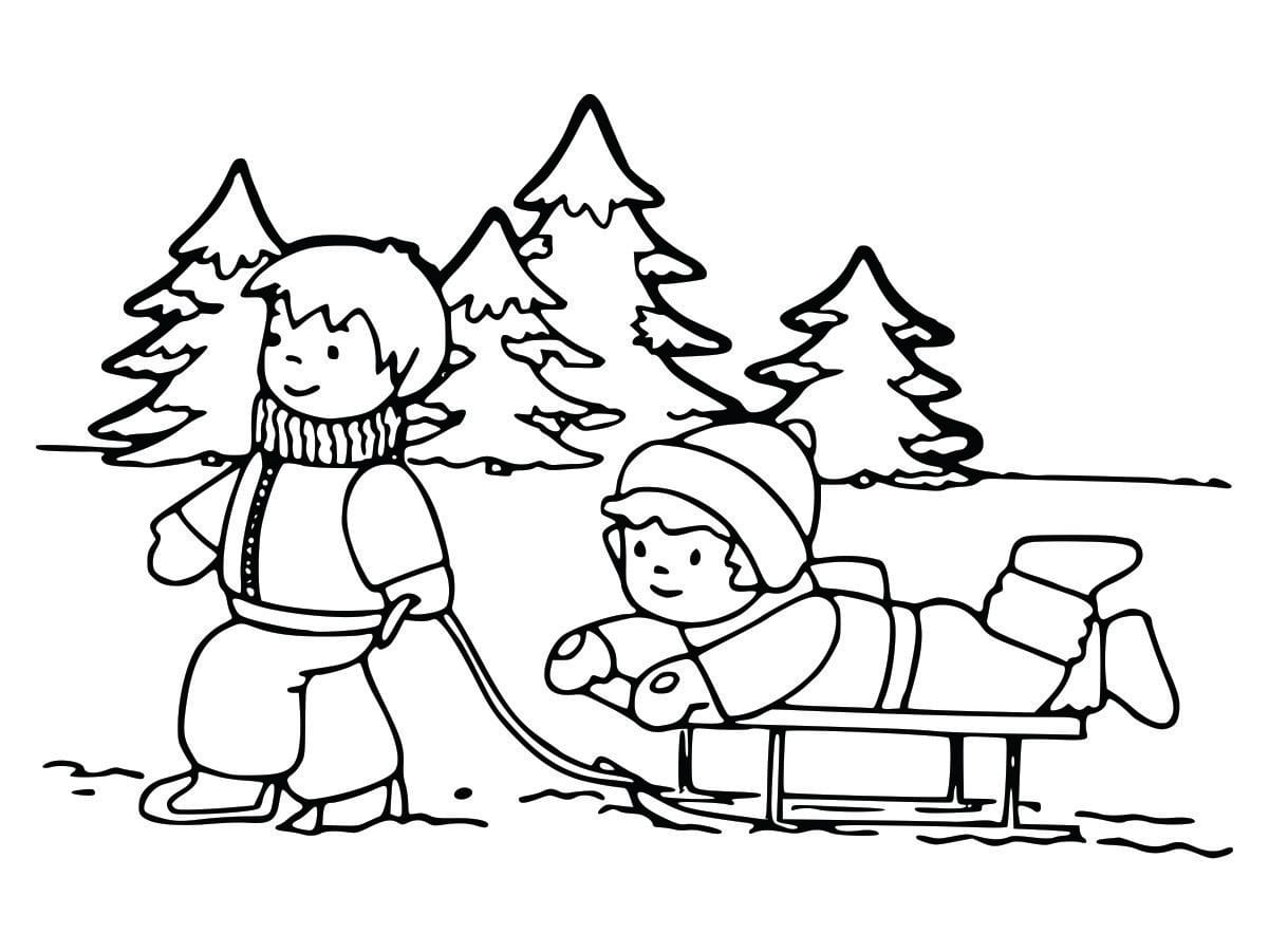 Coloring page of a child playing in the snow, fun and easy for kids.