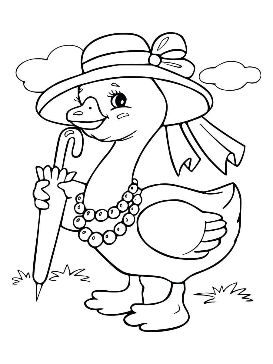 Coloring page of a duck with a hat, fun and simple for kids to color.