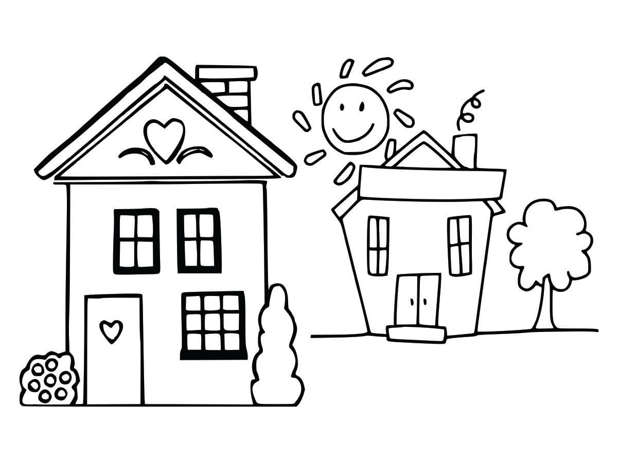 Coloring page of houses, designed to be simple and fun for kids.