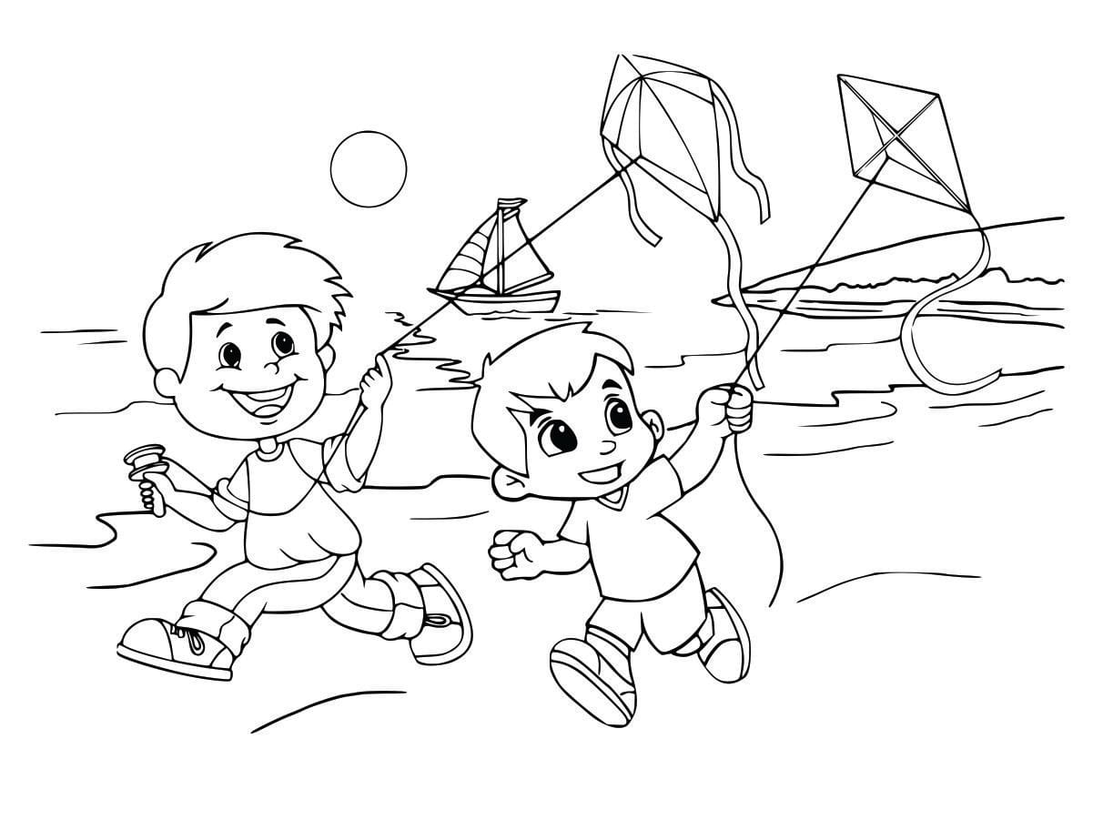 Coloring page of boys flying kites, engaging and fun for children.