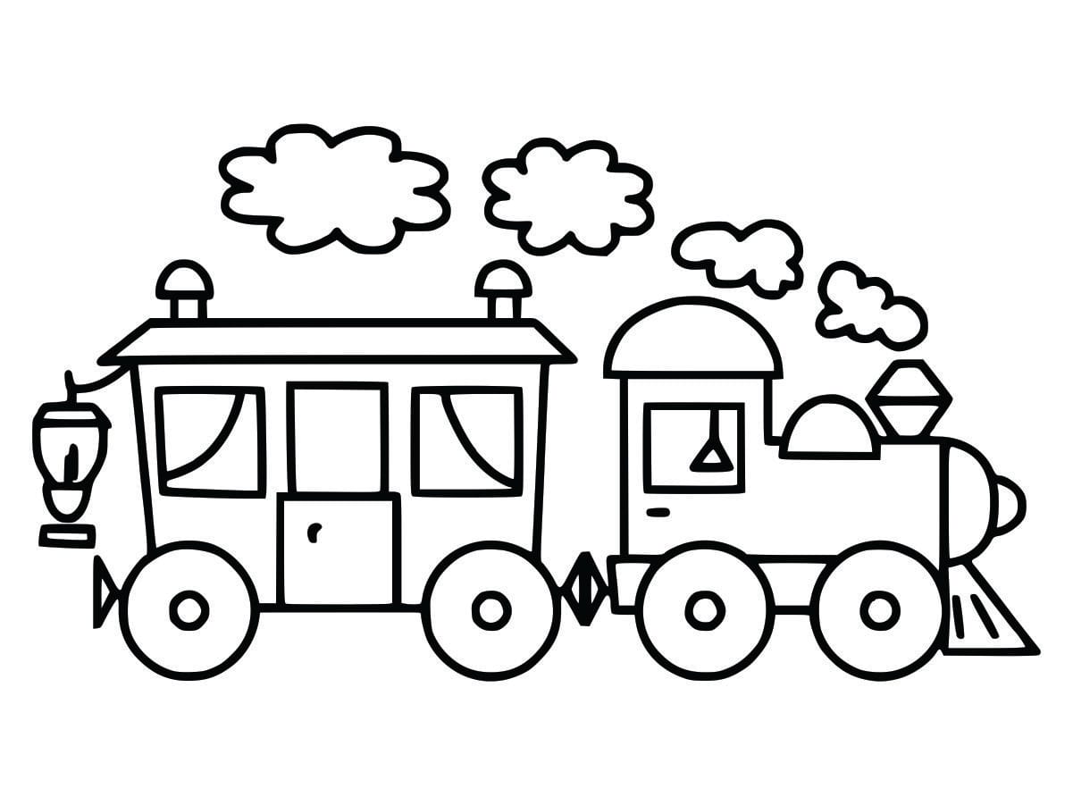 Coloring page of a train with smoke, simple and fun for kids.