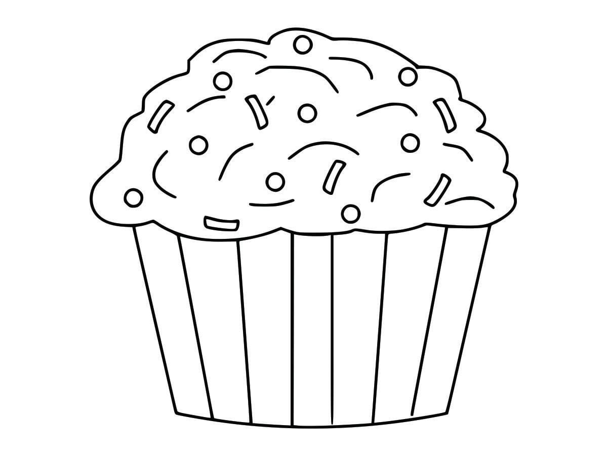 Coloring page of a cupcake, designed to be fun and easy for kids.