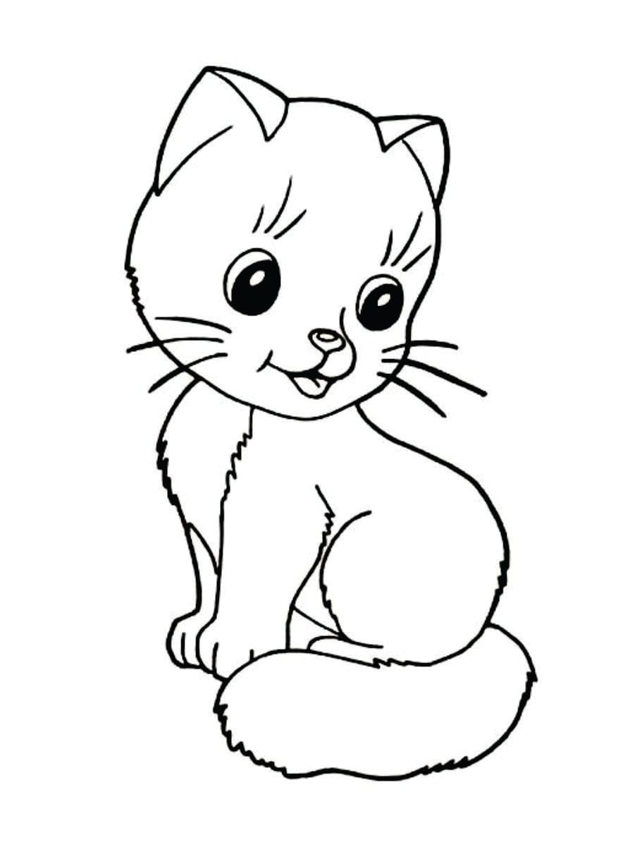 Coloring page of a smiling kitten, simple and adorable for children.