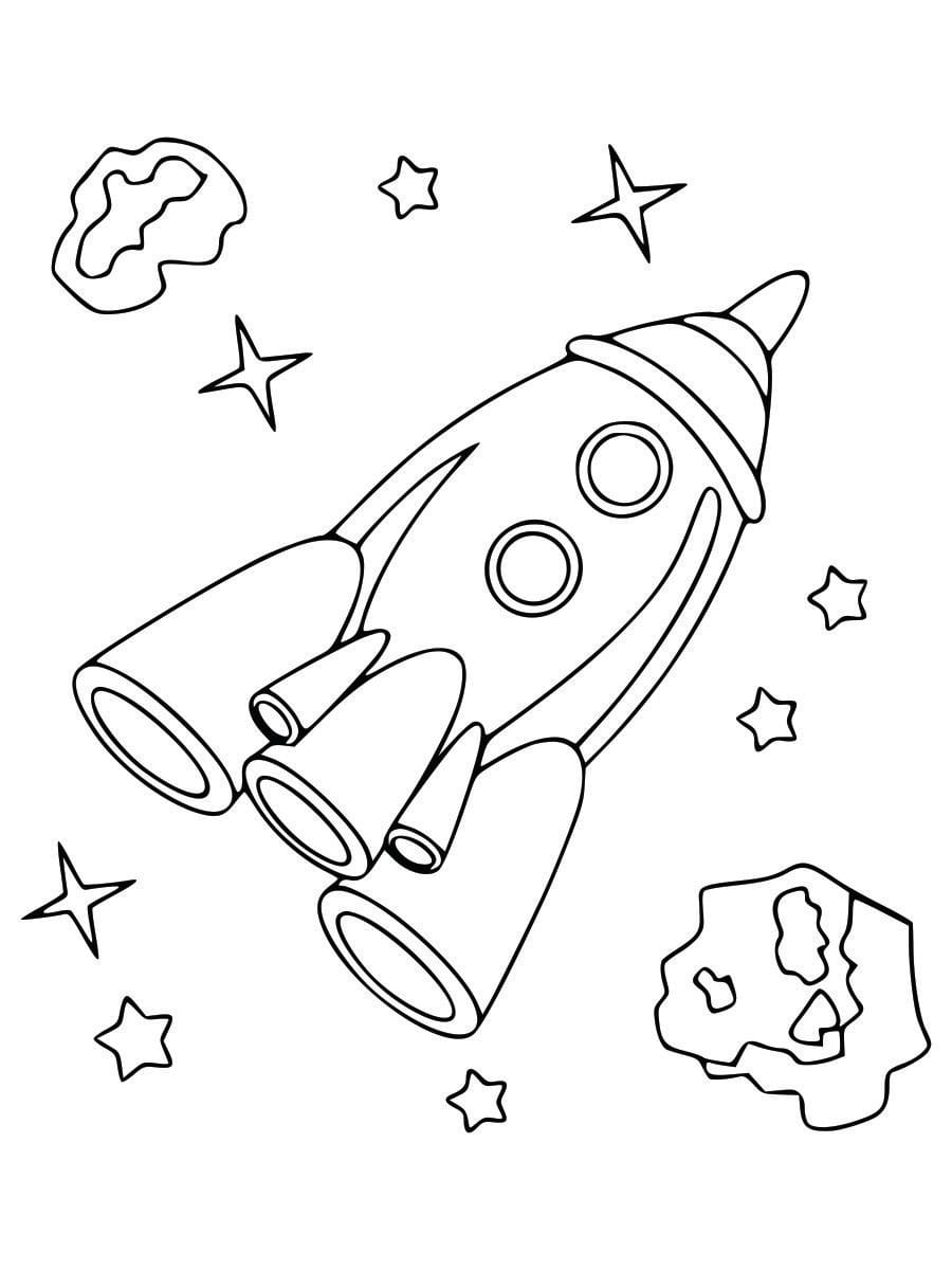 Coloring page of a space rocket, simple and fun for kids to color.