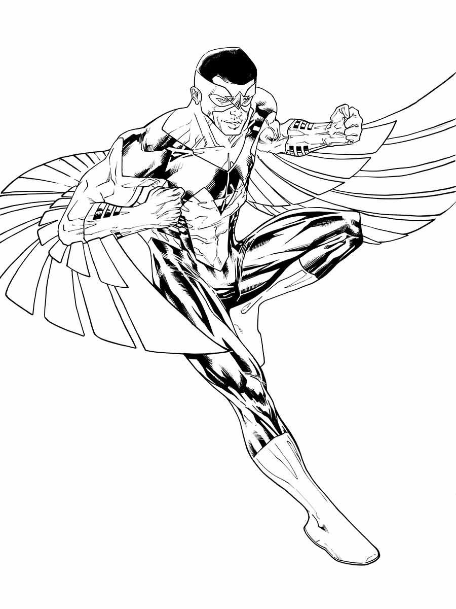 Coloring page of Falcon, a superhero who can fly with mechanical wings.