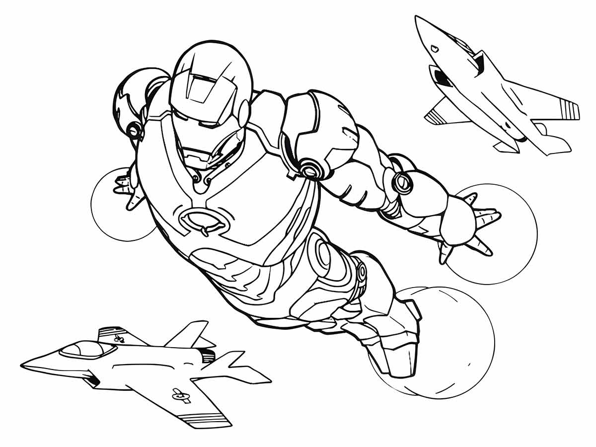 Iron Man flying coloring page.