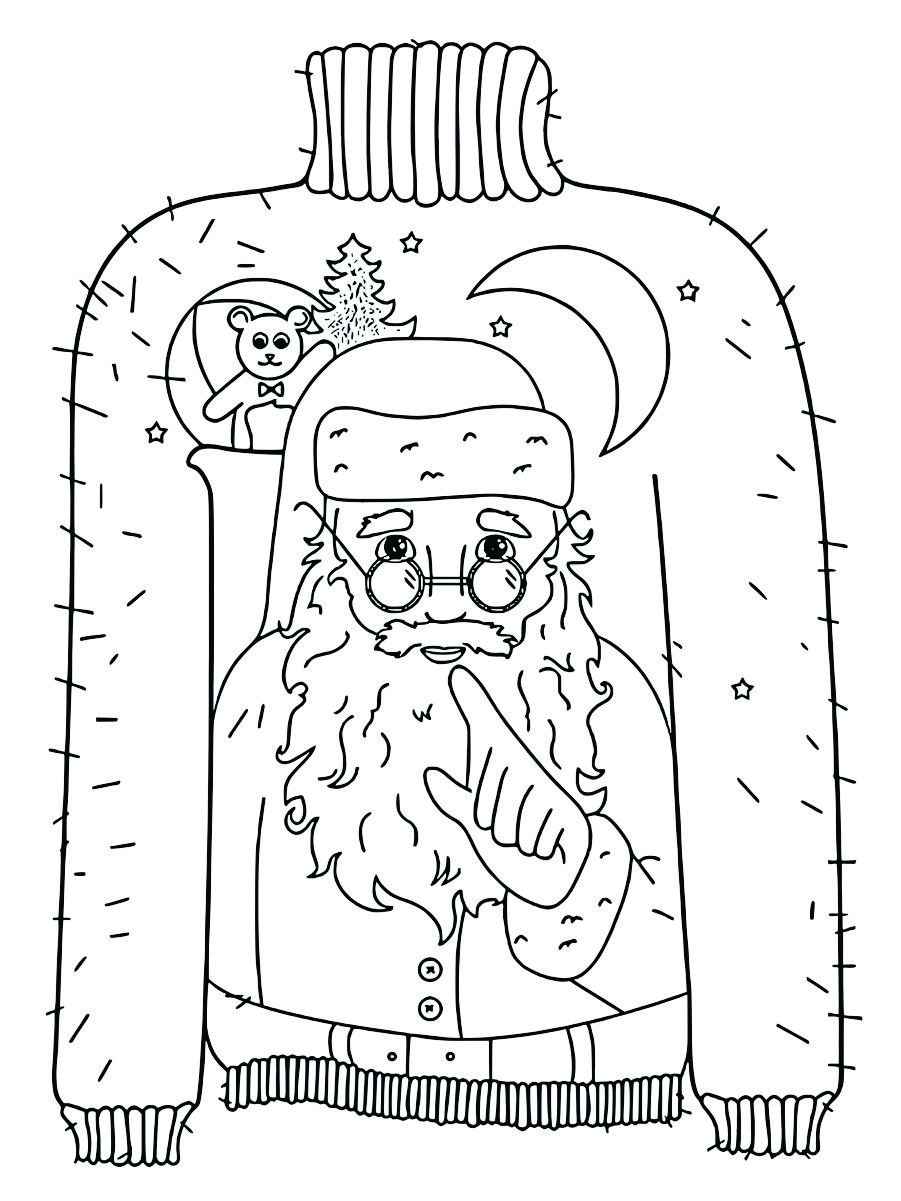 Coloring page of Santa Claus in winter clothing.