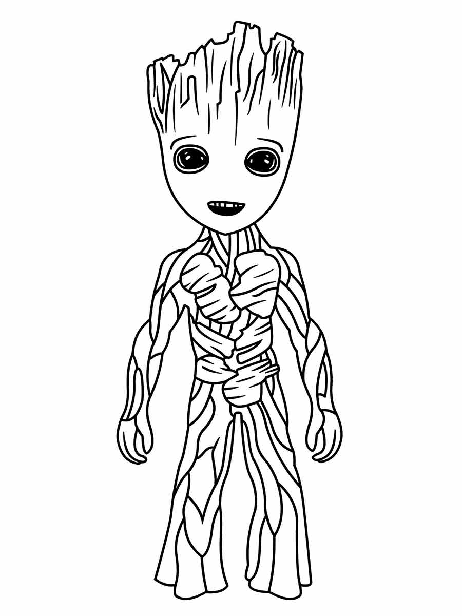 Coloring page of Groot, a tree-like creature from the Guardians of the Galaxy.