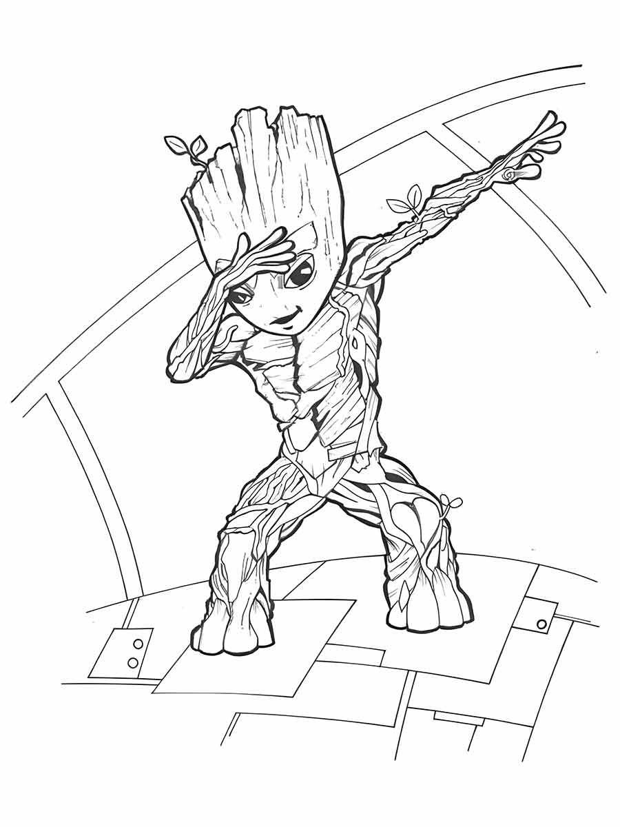 Coloring page of Groot, a tree-like creature and member of the Avengers.