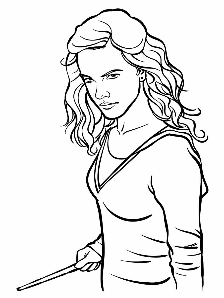 Black and white Harry Potter coloring page of a person with long curly hair holding a wand or stick