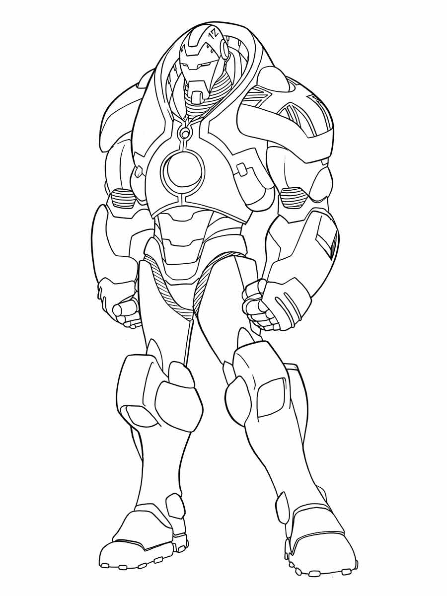 Iron Man coloring page in full armor, a Marvel Comics superhero with an arc reactor in his chest.