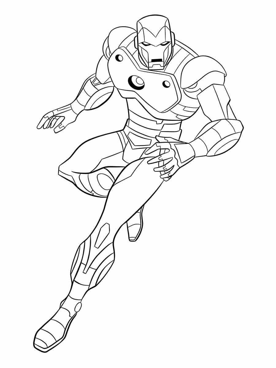 Coloring page of Iron Man, a hero with a technological armor and a chest reactor.