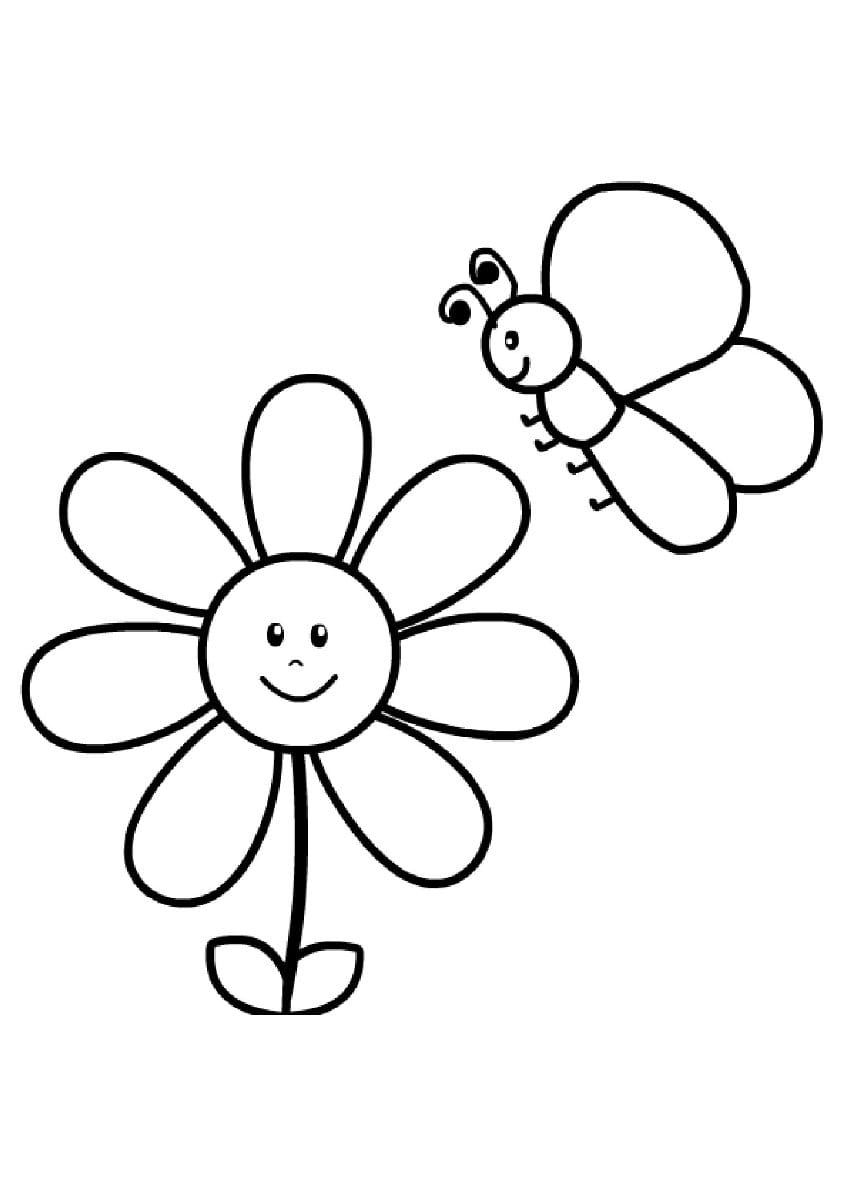 Simple bee on flower coloring page for kids