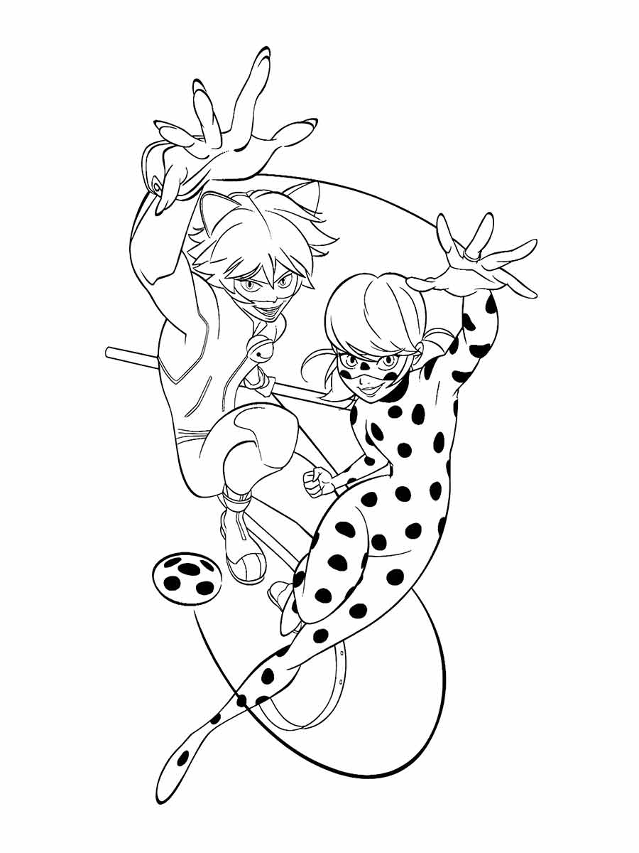 Coloring page of Ladybug and Cat Noir, characters from the animated series Miraculous: Tales of Ladybug & Cat Noir.