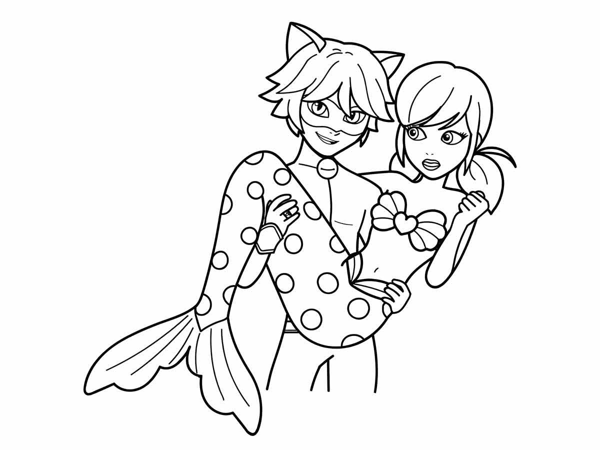 Coloring page of Cat Noir and Ladybug as mermaids.