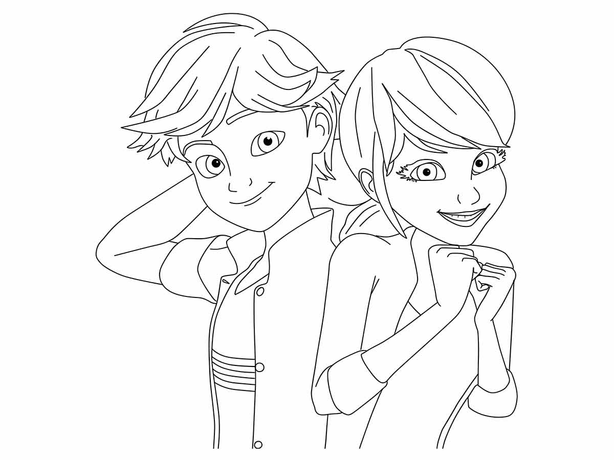 Coloring page of Ladybug and Cat Noir without their masks.