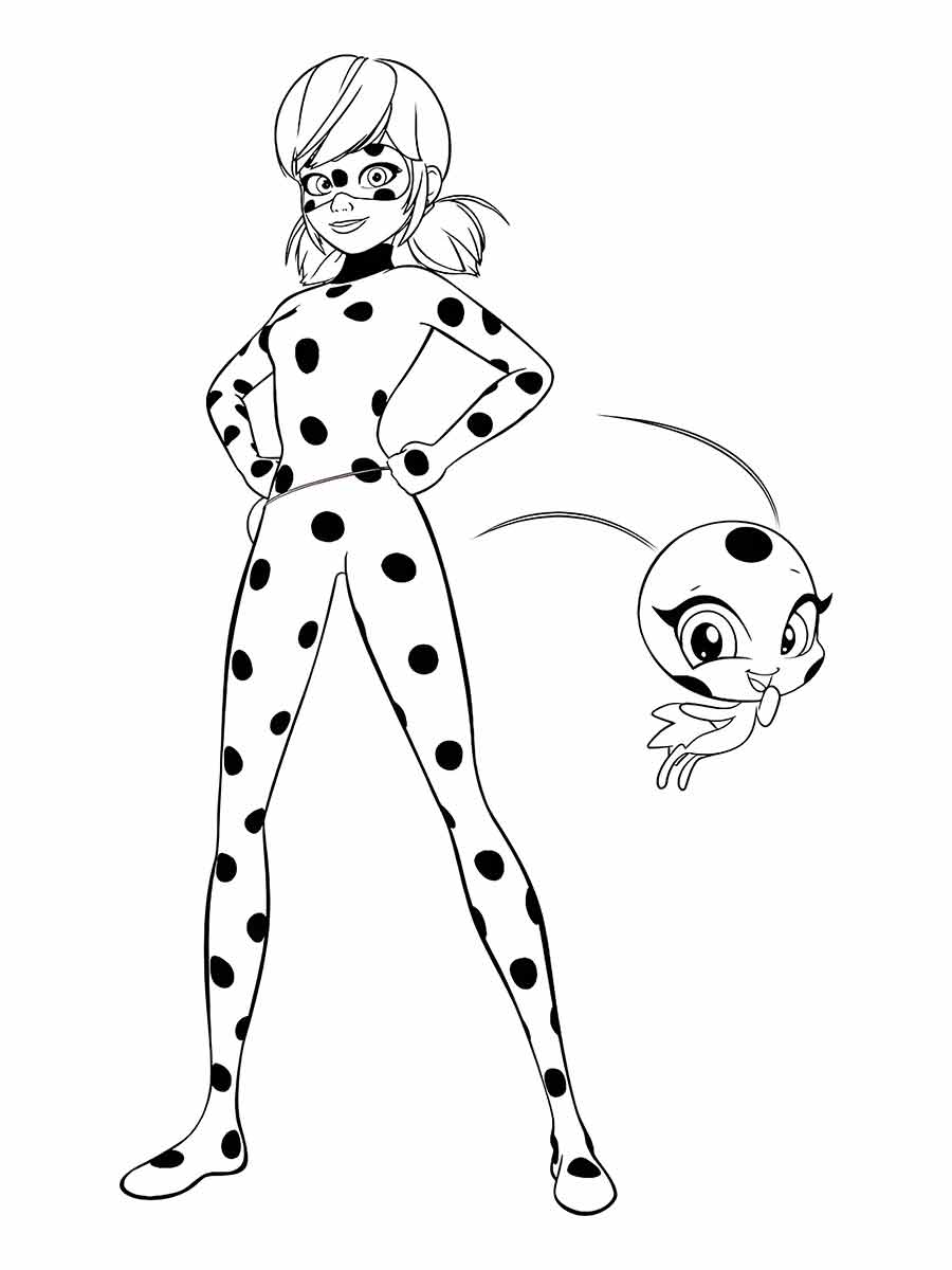 Coloring page of Ladybug and Tikki, the protagonists of the animated series Miraculous: Tales of Ladybug & Cat Noir.