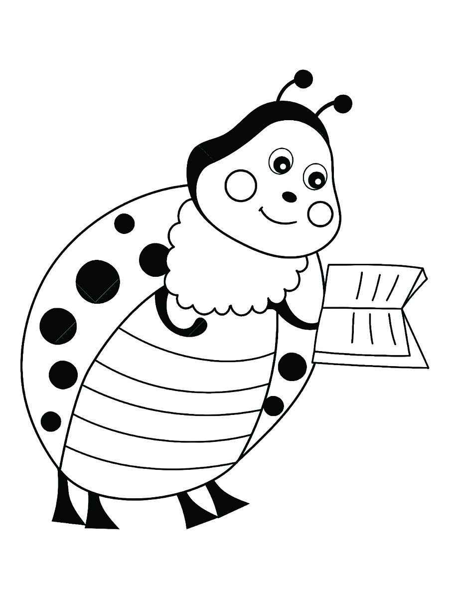 Coloring page of a ladybug reading a book.