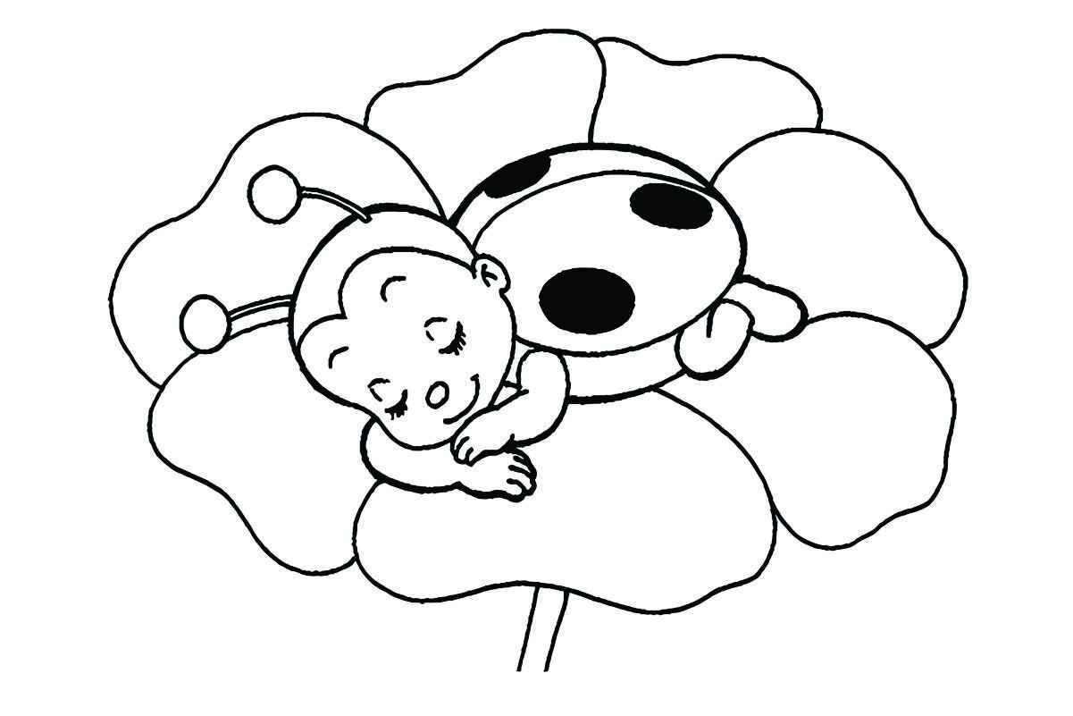 Ladybug sleeping on a flower coloring page.