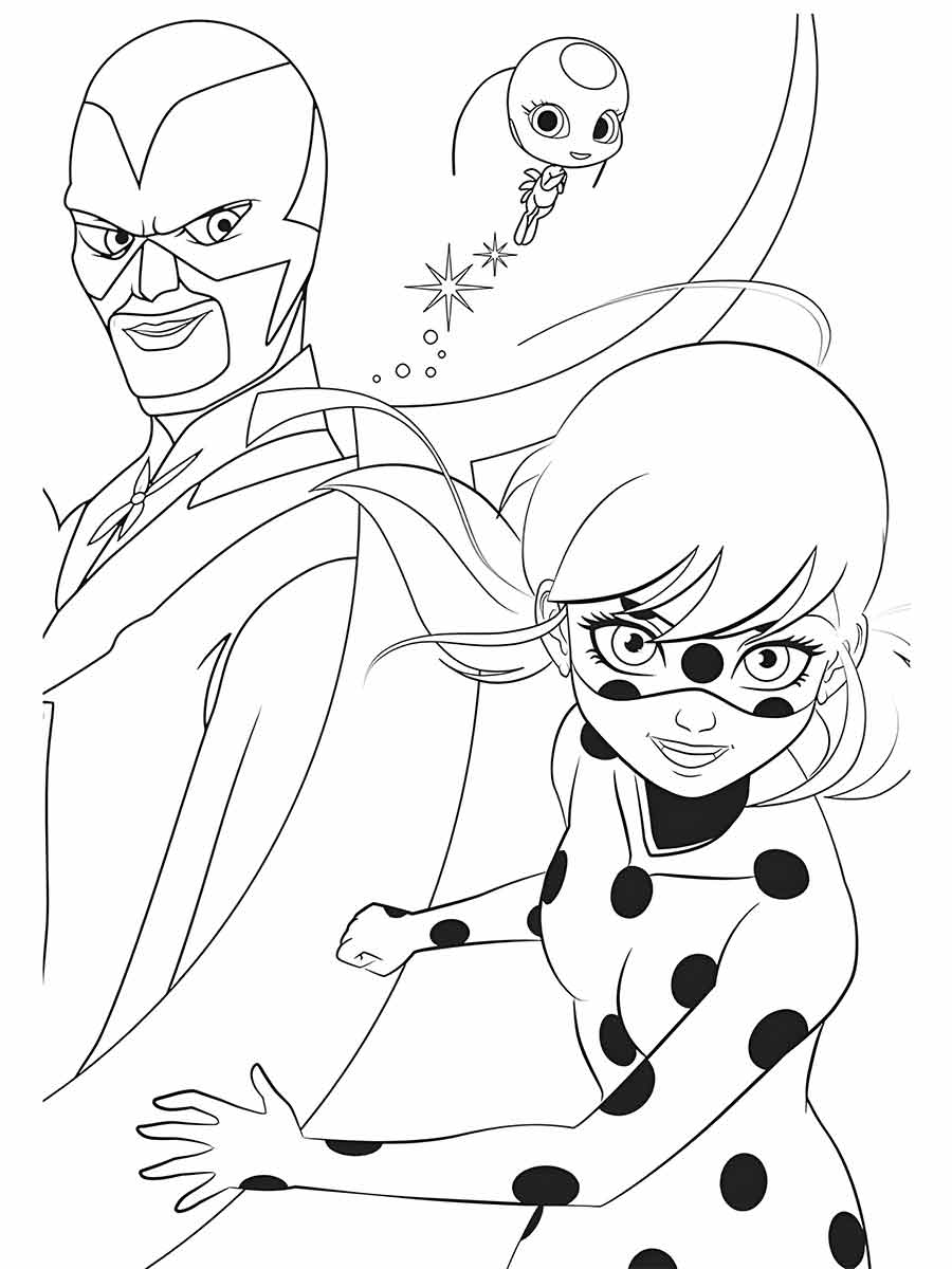 Coloring page of Ladybug, a villain, and Tikki.