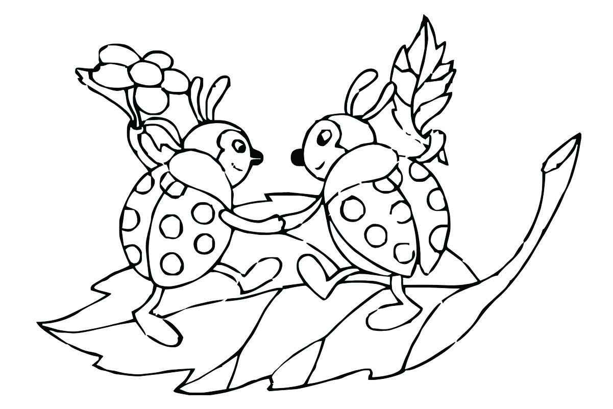 Coloring page with two ladybugs on a leaf.