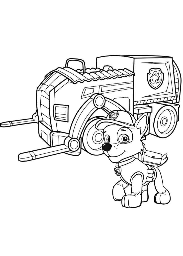 Paw Patrol coloring page of Rocky with a recycle truck