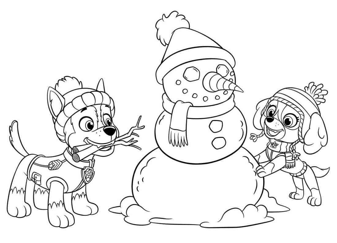 Paw Patrol coloring page featuring a winter mission