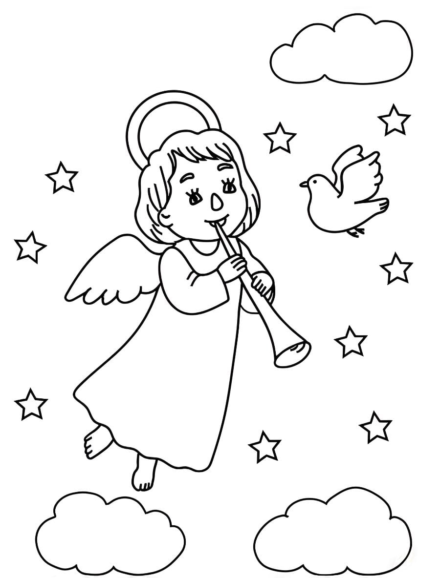 Angel playing trumpet in clouds coloring page