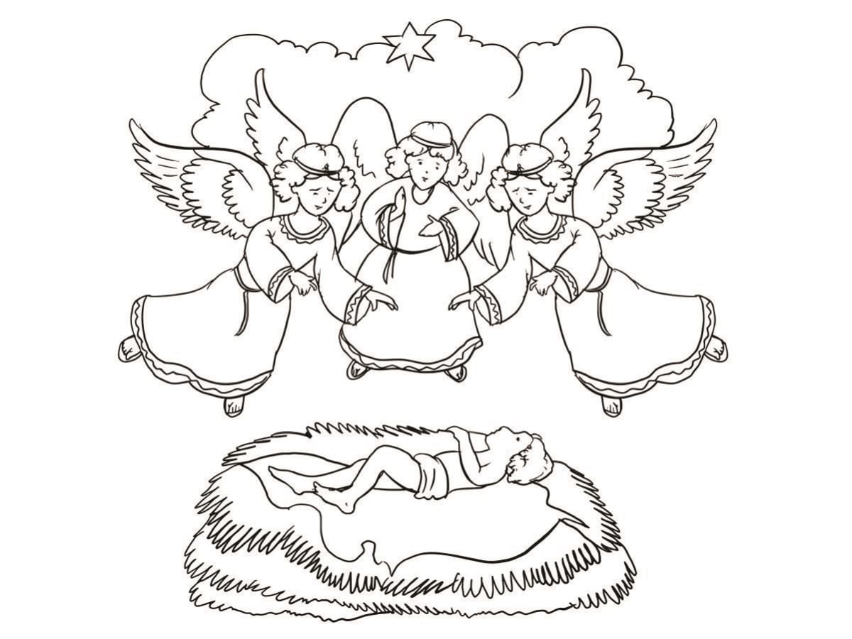 hree angels watching baby Jesus coloring page