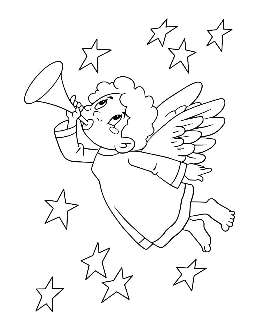 Angel with stars and trumpet coloring page