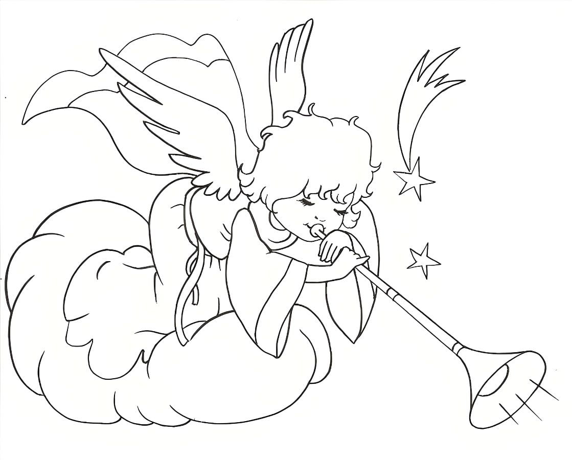 Baby angel playing trumpet coloring page