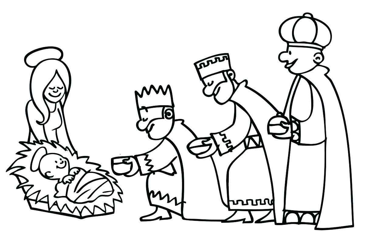 Birth of Jesus Christ and the three wise men coloring page.